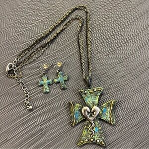Artistic Cross Pendant Necklace and Earring Set - Multicolor